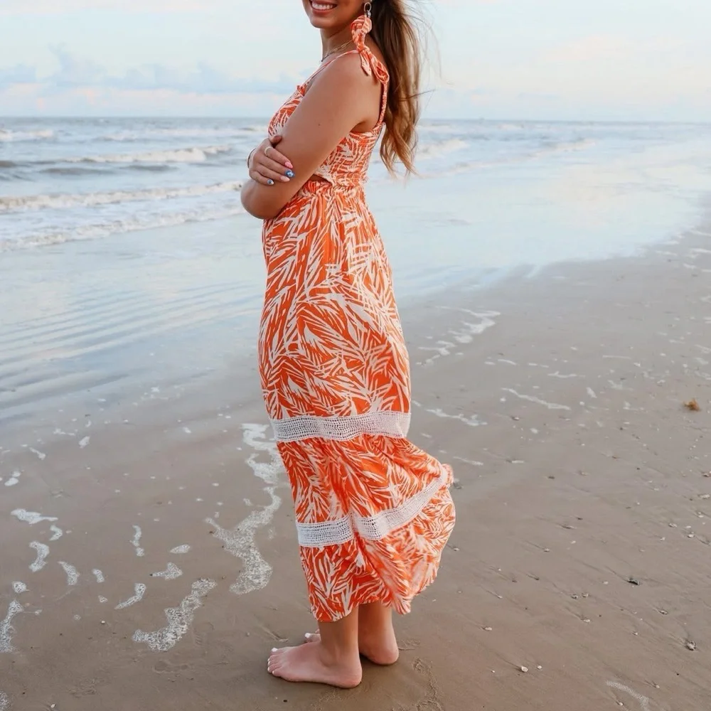 SINCERELY JULES tropical leaf print maxi dress eyelet trim